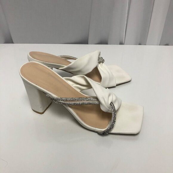 White Rhinestone Embellished Square Toe Heeled Sandals Womens Sz 8 Elegant Shoes - Picture 3 of 7